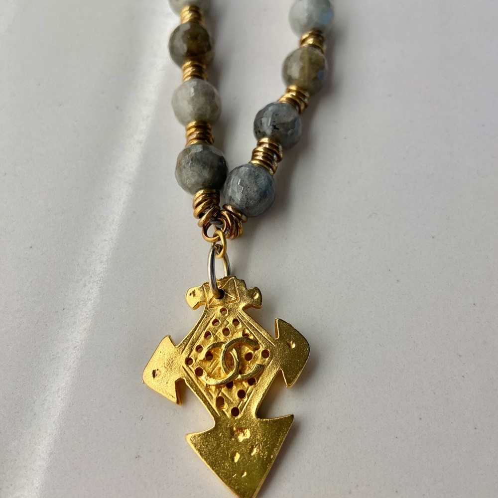 Elegant Chan Lu long 36” Labradorite, Jade & Onyx Necklace with Gold accents